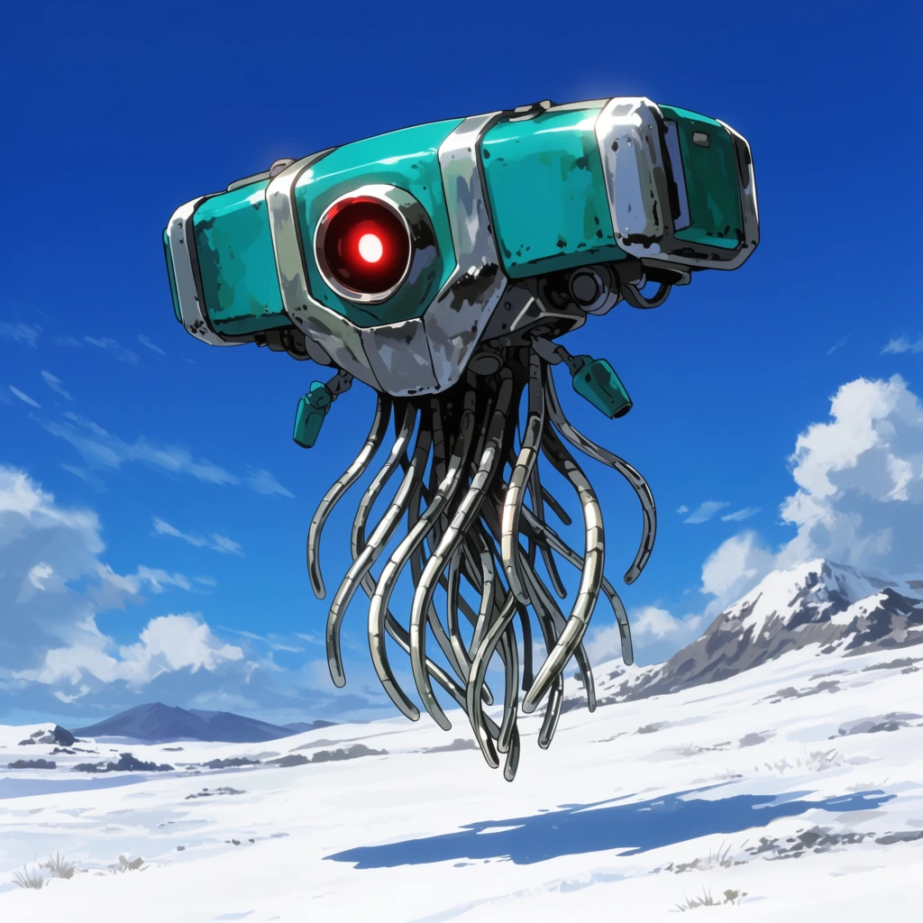 teal and silver hover-robot, rectangular head with single glowing red eye, metallic tendrils, floating above snowy tundra, bright blue sky, anime art style