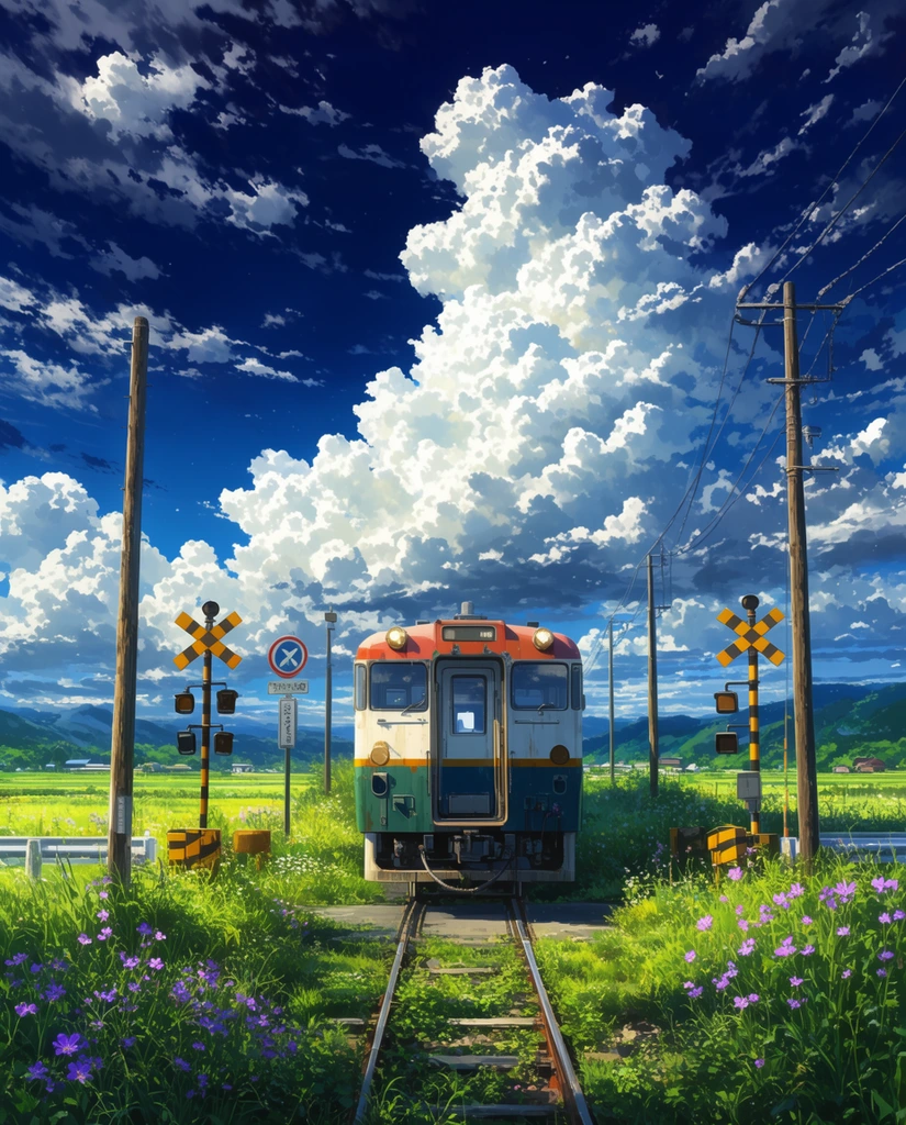 vibrant anime-style rural landscape, single passenger train car on overgrown tracks approaching through lush green fields, purple wildflowers, wooden utility poles, railroad crossing signs, distant hills, vast deep blue sky with massive bright white cumulus clouds, radiant sunlight, highly detailed digital illustration, vivid color palette, high contrast, atmospheric lighting