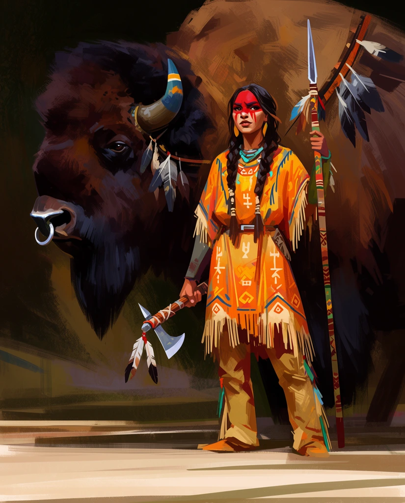 A female warrior in vibrant patterned clothing stands confidently beside a massive dark brown bison. She features long dark braided hair, bold red face paint, and a fringed orange and yellow tunic adorned with geometric symbols. Her right hand grasps a feather-adorned tomahawk, while her left hand supports a tall, patterned spear. Behind her looms the colossal bison, detailed with a silver nose ring, a banded horn, and a feathered harness. The expressive digital painting utilizes loose, bold brushwork within a moody, abstract environment. Deep earthy shadows contrast sharply with the luminous warm hues of the warrior's attire, anchored by a foreground of broad, flat horizontal strokes.