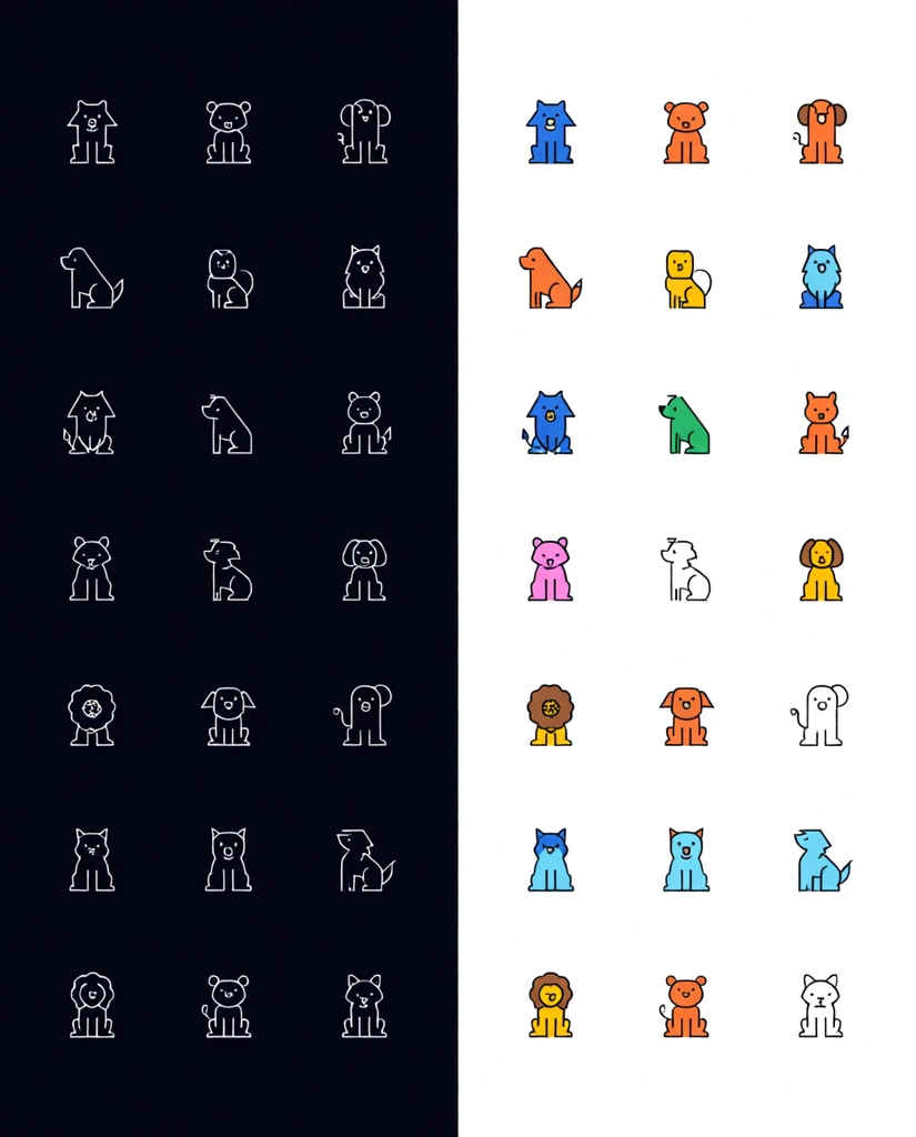 split-background minimalist animal icon grid, dark navy left half with white monoline animal line-art, white right half featuring colorful flat vector animals with black outlines, clean geometric design, modern iconography