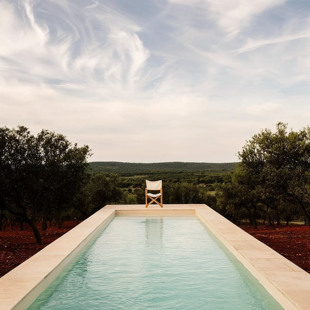 A pristine rectangular infinity pool with light stone coping and pale turquoise water stretches toward a serene countryside horizon. Centered exactly on the far edge sits a solitary wooden folding chair with a white canvas sling. Dark green trees in reddish soil flank the pool, framing a distant landscape of rolling green hills. Captured from a low, symmetrical perspective, the pool's converging lines draw the eye toward the chair under soft natural daylight and an expansive pale sky filled with sweeping wispy clouds.