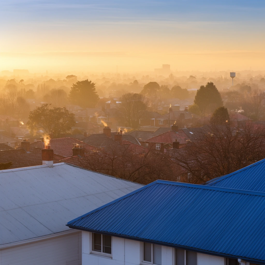 A hazy golden sunrise bathes a sprawling suburban town in soft, warm light from an elevated vantage point. The foreground features buildings with prominent corrugated blue and pale grey pitched roofs above white walls. Beyond them, a dense residential neighborhood of red and brown tiled houses is interspersed with bare winter branches and dark evergreens. Thin wisps of smoke rise from brick chimneys, catching the low-angle sunlight. The background dissolves into thick atmospheric haze, reducing distant trees, a water tower, and distant structures into soft silhouettes against a gradient sky transitioning from glowing amber at the horizon to pale blue.