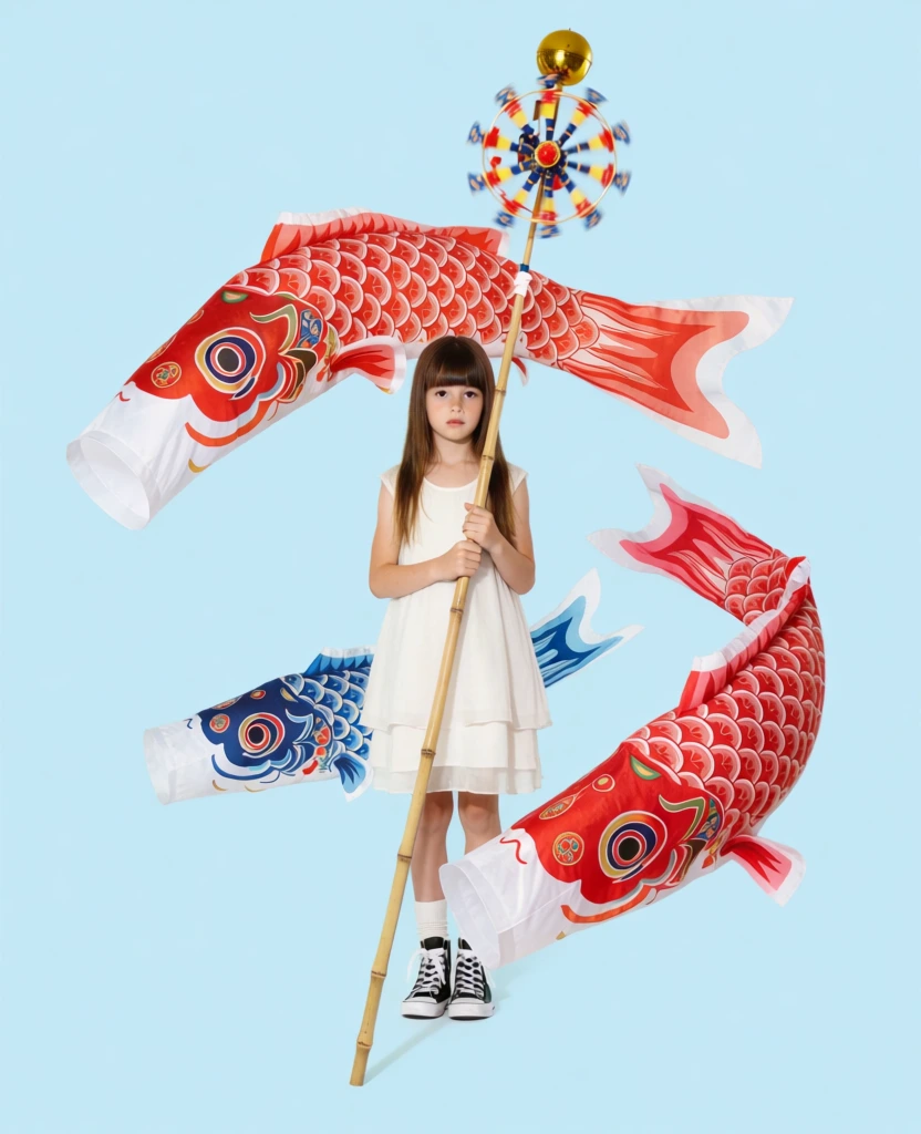 A young girl with long brown hair and straight-cut bangs stands centrally against a solid light blue background, holding a long bamboo pole that extends from the bottom of the frame to above her head. She wears a sleeveless, layered white dress, white socks, and black high-top sneakers with white laces. Her expression is neutral as she looks directly forward. At the top of the pole sits a golden spherical ornament and a decorative spinning wheel with blue, red, and yellow accents. Three koinobori carp streamers float around her in a dynamic arrangement: a large red one arches over her head from the left, another large red one curves from her right side towards her feet, and a smaller blue one is positioned horizontally behind her legs. The streamers feature wide white mouths, large circular eyes with blue and red details, and intricate scale patterns. The lighting is bright and even, casting minimal shadows and emphasizing the vibrant colors of the fish against the pale background. The composition is balanced and symmetrical, creating a surreal scene where the girl and the objects appear suspended in a weightless environment.