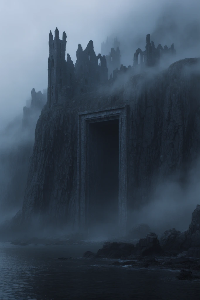 A massive dark stone cliff face shrouded in heavy mist features a colossal rectangular doorway carved directly into the rock. Clinging to the jagged ridge are the crumbling stone silhouettes of a ruined gothic fortress with broken towers and arches. Thick fog rolls across the rugged vertical rock formations, settling over the dark water and rocky shoreline at the base. The cinematic landscape uses a monochromatic cool blue-grey color palette with deep shadows, emphasizing the immense scale of the monolithic gate and the atmospheric mood of the ancient coastal ruins.