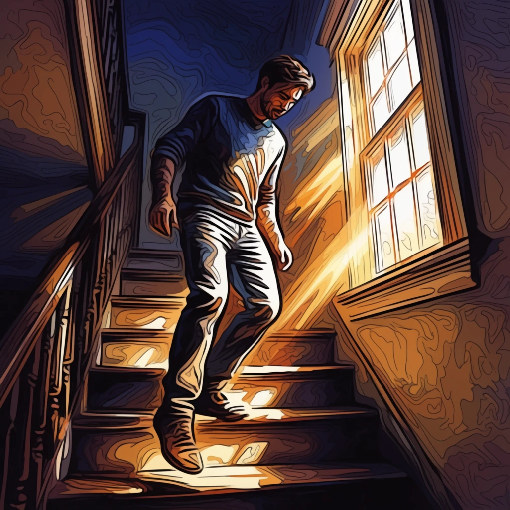 A man climbing down a staircase beside a window, rendered in a highly stylized, posterized digital illustration aesthetic characterized by thick, swirling, sinuous black outlines and contoured, fluid shapes. The man's figure, his clothing, and the architectural geometry of the stairs are formed through dynamic, undulating lines and sweeping graphic curves, mimicking a complex vector art tracing or bold comic book ink work. Intense, radiant golden and amber light bursts through the window pane, casting stark, sharply defined, glowing rays across the descending steps and illuminating the man with brilliant white highlights. The aggressive tonal contrast sets these luminous warm hues against deep, brooding indigos, inky navy blues, and rich sepia shadows, resulting in a heavily textured, vividly saturated, and dynamically energetic composition.