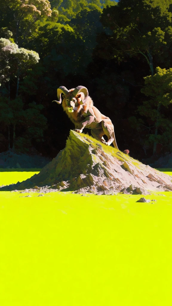 hyper-realistic cinematic style, high-contrast direct sunlight, flat saturated chartreuse green foreground, horizontal composition, dense dark forest background, mythical creature with a muscular lion body and curved ram horns perched on a sharp rocky mound, harsh highlights, deep black shadows, minimalist surrealist landscape, isolated subject matter, vibrant lime color block, painterly textures, sharp detail on fur and craggy rock, wide landscape orientation, vivid neon green aesthetic.