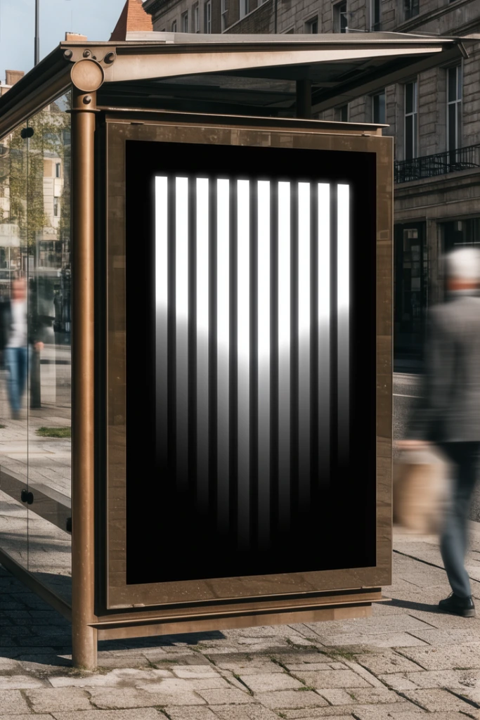 outdoor bus shelter display, high-contrast black poster with thick illuminated white vertical geometric bars fading downward, bronze metallic frame, motion-blurred pedestrian walking on city sidewalk, paved street, daylight