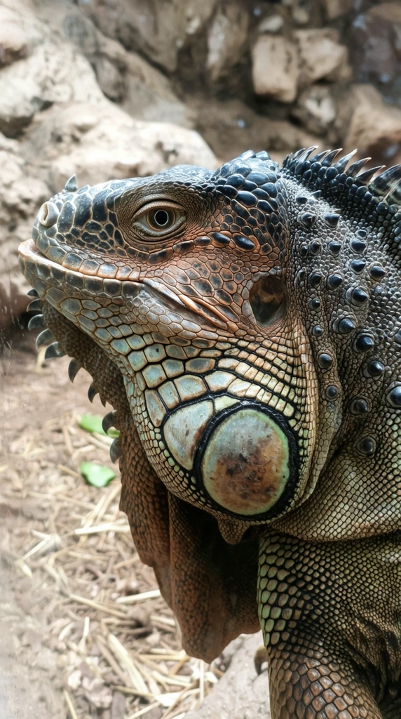 An extreme close-up profile of an iguana facing left, emphasizing the rugged, highly detailed textures of its reptilian skin. A prominent circular shield rests on its cheek, bordered by flat, pale teal and dusty brown hexagonal scales. Tiny bead-like charcoal scales cover its upper head, transitioning into a crest of sharp dorsal spines. Smaller spikes fringe the loose skin of its throat dewlap. The clear eye features a dark pupil and light amber iris. The mottled color palette blends earthy olive greens, rusty browns, and slate grays. Bright, diffused lighting highlights the deep crevices and reflective sheen of the skin. The softly blurred, shallow depth of field background reveals a rocky environment with dry earth, scattered straw, and a tiny green leaf fragment.