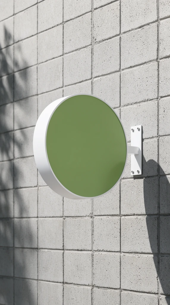 A round projecting blade sign with a smooth, solid matcha-green face and crisp white casing, mounted perpendicular to a light gray concrete block wall. The minimalist sign attaches via a white rectangular metal bracket secured with silver bolts. The wall features a distinct grid pattern of textured rectangular blocks with recessed mortar joints. Strong directional sunlight from the upper left casts a sharply defined shadow of the circular sign and bracket onto the masonry to the right. On the far left edge, soft dappled shadows from unseen tree foliage add organic contrast to the rigid architectural geometry of the concrete and the pristine circular sign.