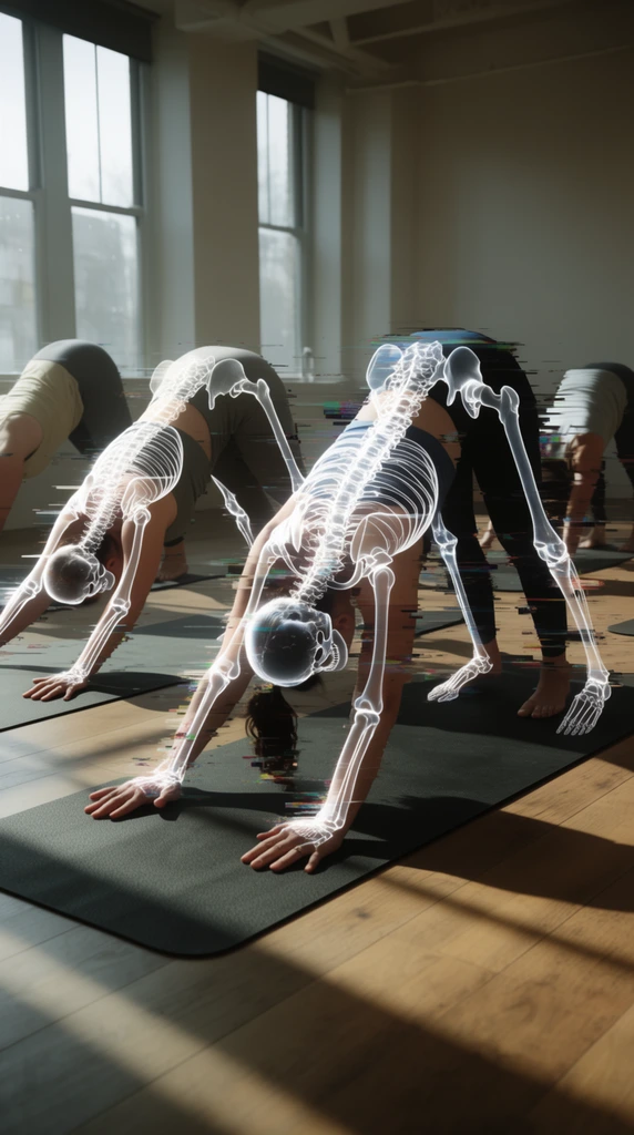 People performing a three-legged downward dog yoga pose are overlaid with glowing, translucent white anatomical skeletons. Severe digital glitch artifacts and horizontal pixel tearing distort the intersecting figures. Sunlight from large left-side windows casts deep diagonal shadows across the hardwood floor and black yoga mats. The low-angle wide shot captures the high-contrast collision of human forms, bright skeletal structures, and digital interference in a minimalist studio.