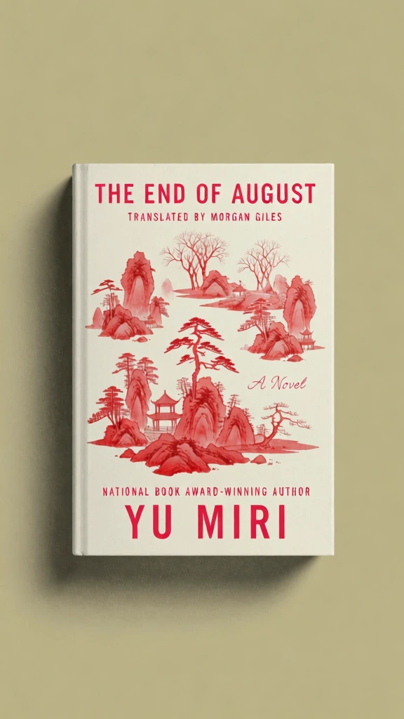 A book cover for the novel "The End of August" by Yu Miri features a central collage of red landscape illustrations and bold pink typography against an off-white background. The central artwork consists of multiple red, ink-wash style illustrations reminiscent of traditional East Asian landscape paintings, depicting craggy mountain peaks, islands, and various trees including a prominent central pine and bare deciduous trees at the top. Two small, traditional pavilions with tiered roofs are nestled among the rocky formations. The title, "THE END OF AUGUST", is printed at the top in a large, bold, sans-serif pink font. On the left side, the text "TRANSLATED BY MORGAN GILES" is written vertically in a smaller pink sans-serif font. Towards the bottom right of the illustration, the phrase "A Novel" appears in a delicate, pink cursive script. Below the central artwork, the text "NATIONAL BOOK AWARD-WINNING AUTHOR" is printed in a small, red, sans-serif font, and at the very bottom, the author's name "YU MIRI" is featured in the same large, bold, pink sans-serif font as the title. The book is presented in a front-facing studio shot, casting a soft shadow on a solid, olive-beige background. The composition is centered and balanced, using a vibrant color palette of pink and red against the neutral tones of the cover and background.