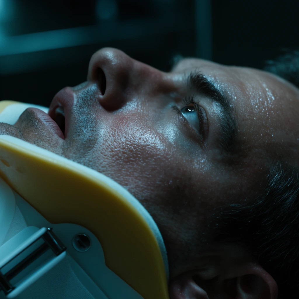 Extreme close-up profile of a man lying supine, rigid white and yellow cervical collar, mouth slightly parted, eye staring upward, glistening sweaty skin with prominent pores, harsh cool cyan lighting, deep shadows, dark blurred background, cinematic photography