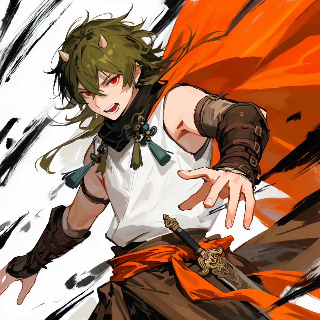 dynamic anime-style male warrior with small horns reaching forward, messy greenish-brown hair, red eyes, sleeveless white tunic, dark brown strapped gauntlets, brown waist wrap with vibrant orange sash, decorative short sword, dark collar with tassels, massive bright orange cloak billowing behind, pure white background slashed with aggressive black ink brushstrokes, expressive digital illustration