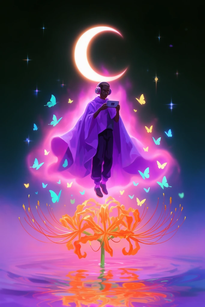 levitating dark-skinned figure wearing a draped purple cloak and headphones holding a rectangular device, glowing pink ethereal aura, luminous cyan and yellow butterflies, hovering over a glowing orange spider lily in rippling reflective water, bright crescent moon overhead, dark sky with four-pointed star sparkles, surreal digital illustration, vibrant neon lighting