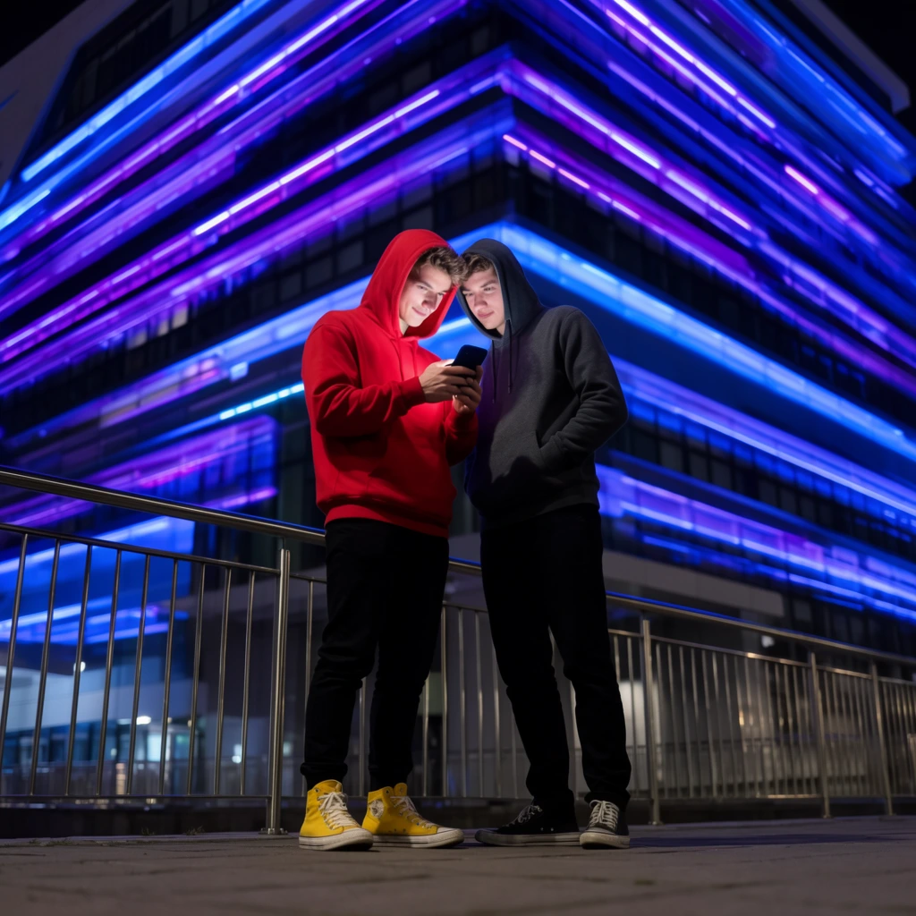 Two young men stand outdoors at night sharing a glowing smartphone. The man on the left wears a bright red hooded sweatshirt pulled up, black pants, and yellow high-top sneakers. His companion in a dark grey hoodie leans over his shoulder to view the screen. They stand on a paved walkway next to a sleek metal railing. A towering modern building dominates the background, brightly illuminated by horizontal bands of vibrant blue and purple neon lights. Captured from a low angle, the composition highlights the architectural glow and the phone screen illuminating their faces.