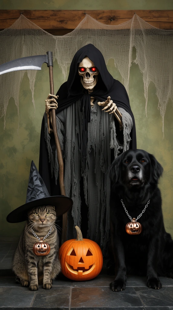 A skeletal reaper with glowing red eyes stands between a tabby cat and a large black dog in a festive Halloween portrait. The central figure wears a black cloak over tattered grey robes, grasping a scythe in one hand and pointing forward with the other. To the left, the cat wears a pointed black witch hat. Both animals wear matching silver chains with metallic pumpkin pendants. A carved orange jack-o'-lantern sits on the dark stone tile floor. Tattered netting hangs from a wooden beam against a mottled olive-green wall, illuminated by soft, even studio lighting.
