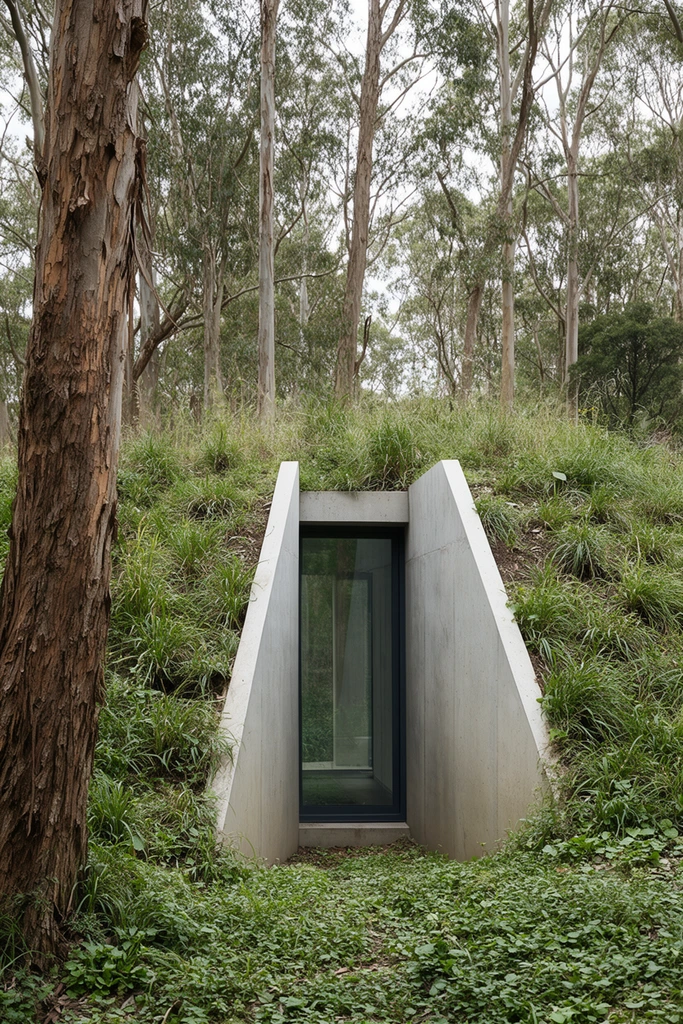 A minimalist concrete and glass architectural entrance is built directly into a lush, grassy hillside within a dense forest. Two angled, smooth concrete retaining walls flank a dark-framed rectangular glass doorway, creating a narrow entryway recessed into the earth. Wild green grasses and leafy ground cover completely envelop the earthen mound around the brutalist geometric structure. In the left foreground, a thick tree trunk features heavily textured, peeling brown bark. The background is a dense grove of tall, pale-trunked trees reaching toward a soft, overcast sky. The architectural photography uses natural, diffused lighting and an eye-level perspective to highlight the stark contrast between the crisp lines of the modern architecture and the organic textures of the overgrown woodland environment.