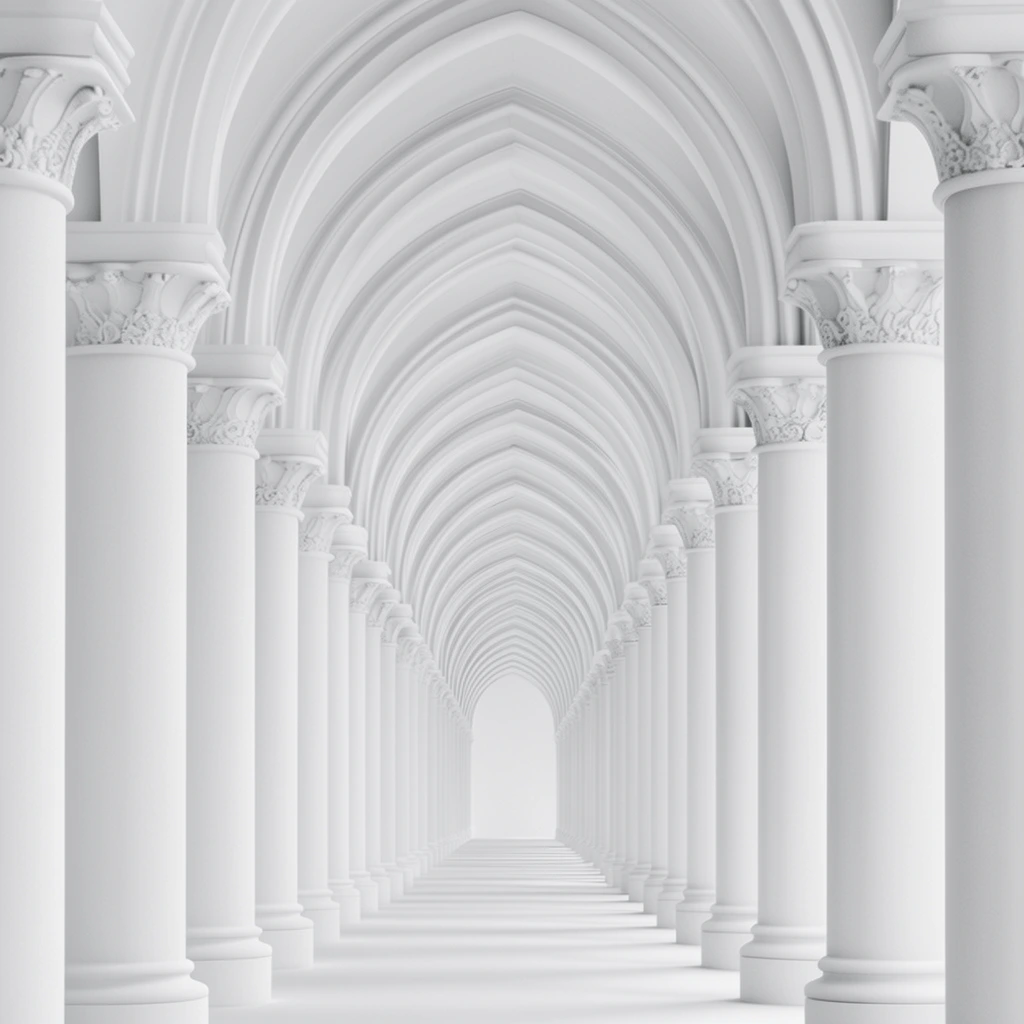 infinite corridor of nested white pointed arches, deep one-point perspective, smooth pillars, ornate capitals, grayscale architectural photography, pristine minimalist design, ethereal lighting