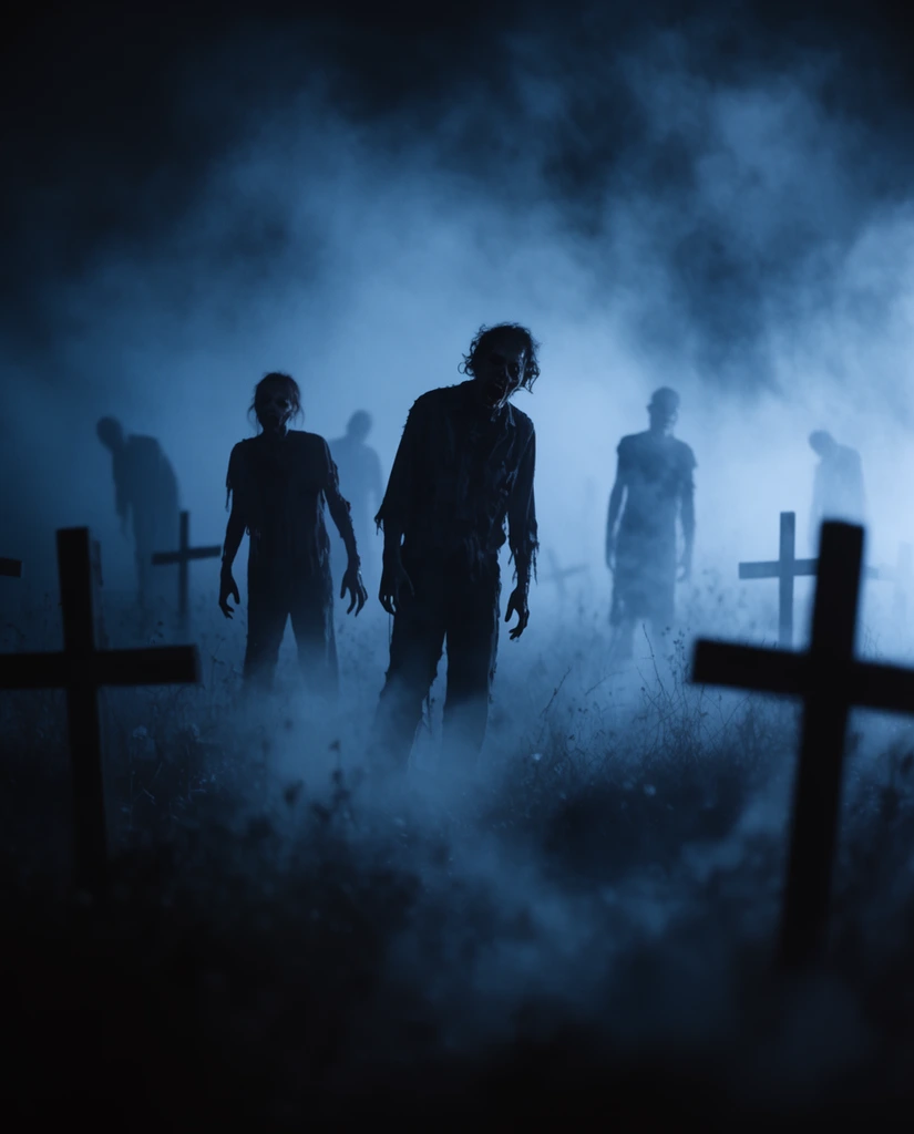 silhouettes of zombies in a dark foggy graveyard, eerie blue cinematic lighting, scattered wooden crosses, thick ground mist, blurred foreground depth