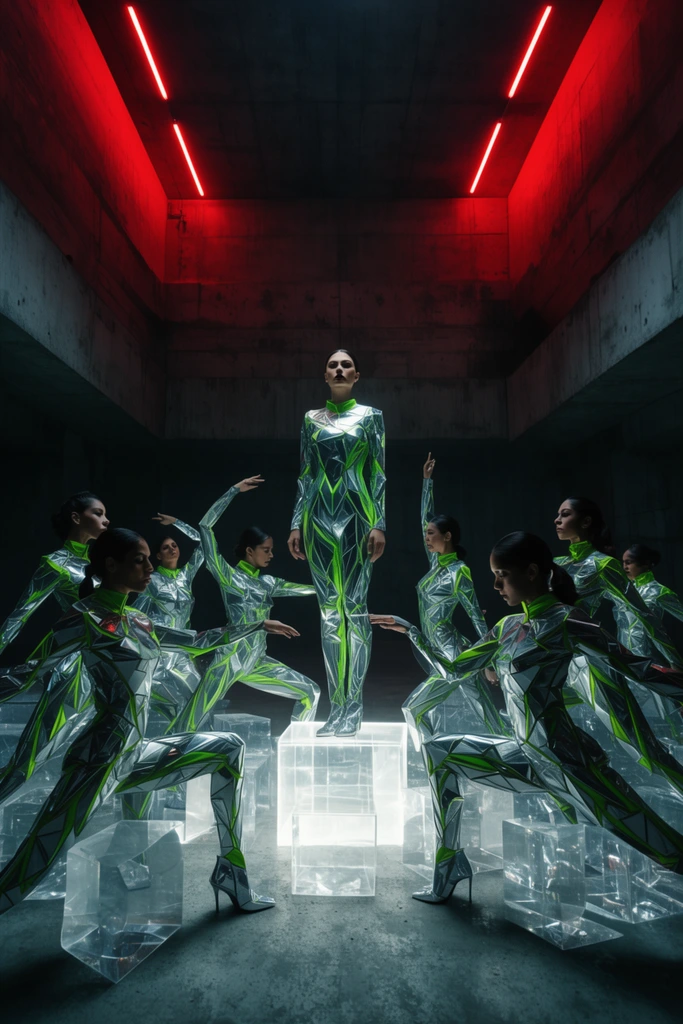 central woman standing tall on a glowing acrylic cube, surrounded by seven women frozen in dynamic angular dance poses on scattered transparent blocks, identical metallic silver and neon green geometric bodysuits, brutalist concrete bunker interior, stark red neon overhead lighting, symmetrical wide angle shot, deep shadows, cinematic staging