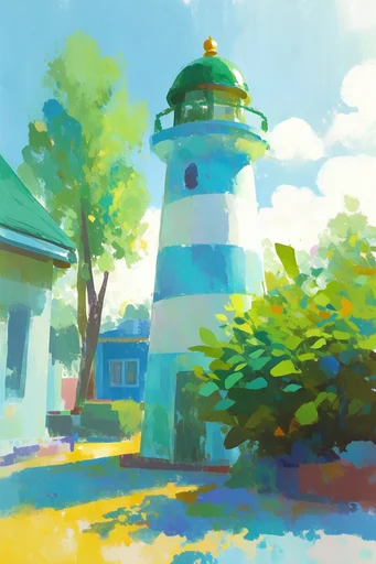 Vibrant Sunlit Gouache style reference image — graphic cast shadows