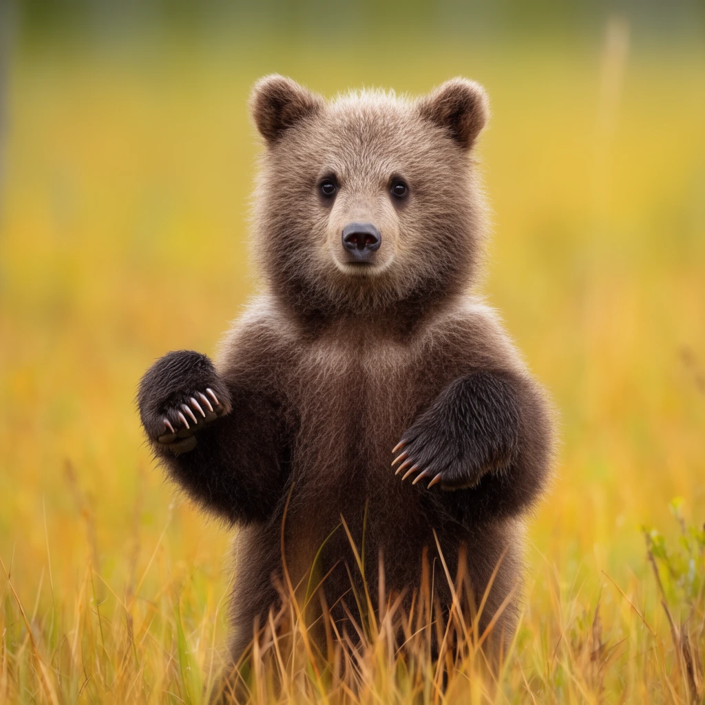 young brown bear cub standing upright, front paws raised showing claws, tall dry grass, softly blurred yellow and green meadow background, shallow depth of field