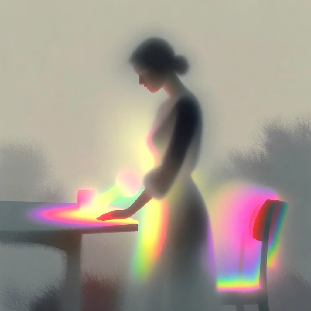 a woman standing by a table, ethereal minimalist digital art style, soft-focus atmospheric haze, diffused volumetric glow, desaturated taupe background, vibrant neon light leaks, prismatic spectral gradients, glowing magenta and electric yellow orbs of light emanating from the figure and furniture, soft-edged silhouettes, dreamlike surrealism, painterly blending, low-contrast surroundings, high-chroma accent colors, blurred feathered textures, minimalist geometric abstraction.