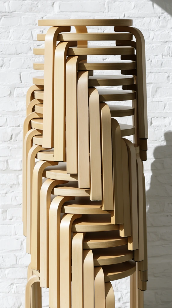 vertical column of interlocking bentwood stools, densely stacked L-shaped blonde wooden legs, white painted brick wall, sharp shadows, architectural photography