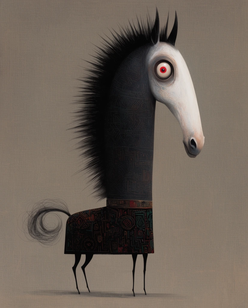 surreal elongated horse creature, massive dark neck with etched patterns, spiky black mane, tapering white face, wide staring eye with red iris, structured dark patterned garment over a tiny body, spindly black legs, curled wispy tail, canvas texture, muted taupe background