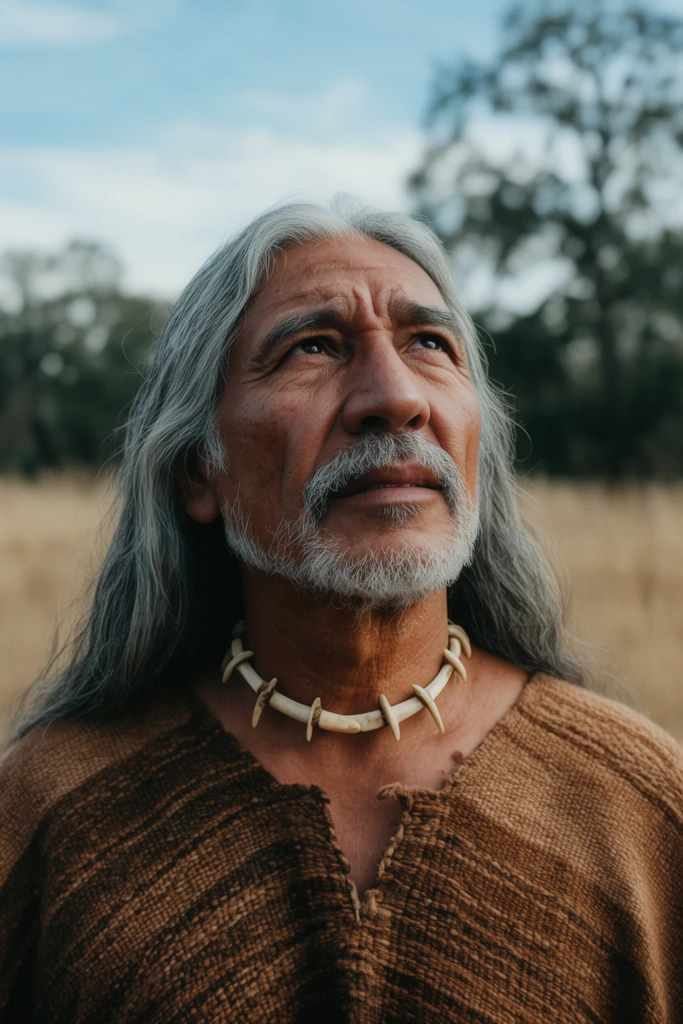Older Indigenous man looking upwards, long gray hair, brown woven poncho, bone choker, dry grassy field, blurred trees background, cinematic close-up, soft daylight