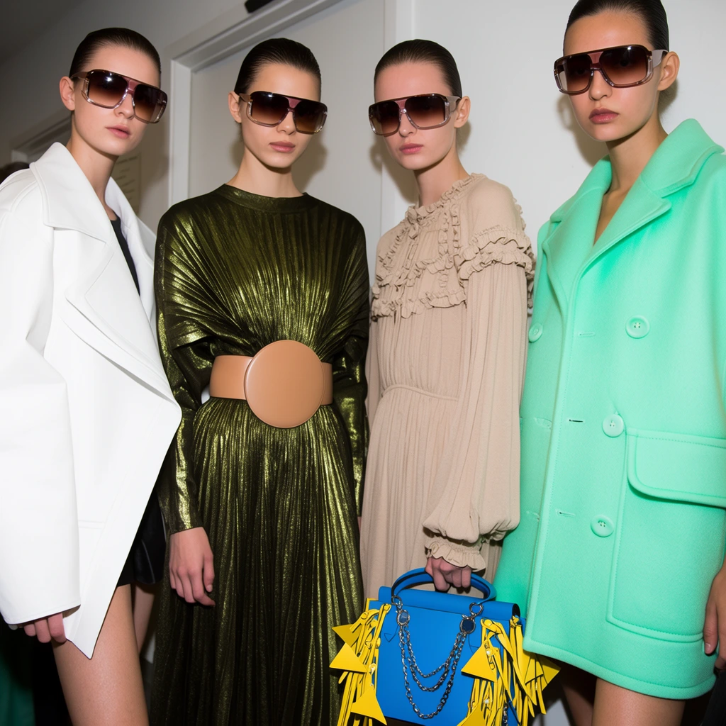 Four fashion models stand together in a stark white hallway, unified by slicked-back hair and identical oversized gradient sunglasses. Their garments showcase eclectic styling: a structural white jacket, a metallic olive pleated dress with a circular tan belt, a ruffled beige long-sleeve dress, and a vivid mint-green oversized vest with large buttons. One model clutches a bright blue handbag accented with yellow geometric fringe and silver chains. Harsh direct flash lighting creates a candid backstage editorial aesthetic, casting sharp shadows on the wall and highlighting the contrasting textures of leather, metallics, and knits.