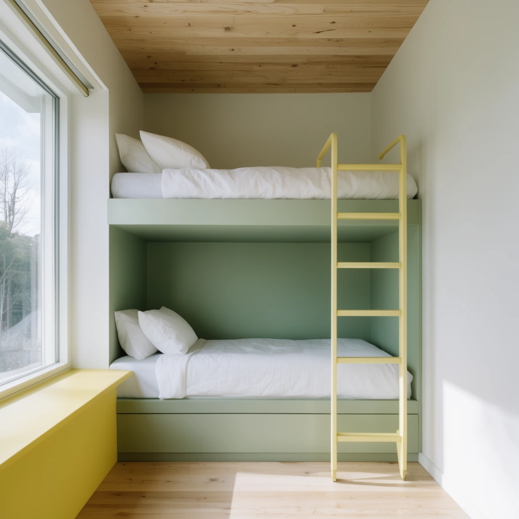 Minimalist bedroom featuring a built-in sage green bunk bed, white bedding, and a pale yellow ladder. Light wood floors and ceilings frame the bright space. Natural daylight streams through a large window with a yellow sill, highlighting clean architectural lines.