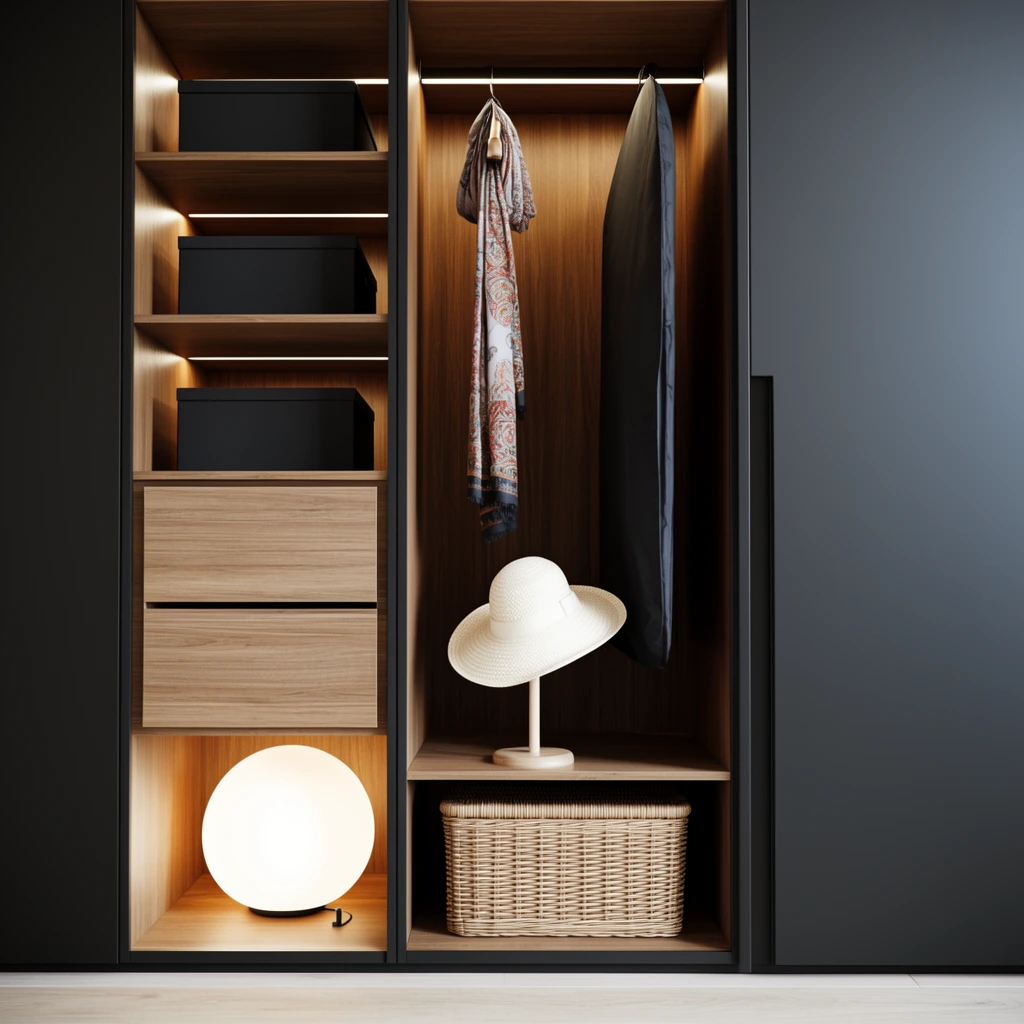A sleek dark matte wardrobe reveals warm wood interiors lit by integrated LEDs. The right open section displays a hanging patterned scarf, a dark garment bag, and a white straw hat on a stand above a wicker basket. The left side features shelving, black storage boxes, wooden drawers, and a glowing spherical floor lamp. Crisp minimalist architectural visualization.