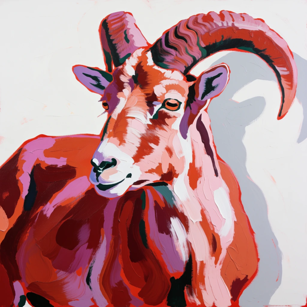 expressive acrylic painting of a barbary sheep with prominent ridged horns, painterly impasto style with thick visible brushstrokes and canvas texture, palette of deep terracotta and earthy reds, pops of magenta and lavender in shadows, dark forest green accents, stark white and pale pink highlights, vertical composition, high contrast lighting, neutral off-white background with cool grey shadows, graphic and gestural aesthetic, layered color blocks, signed in the bottom corner.