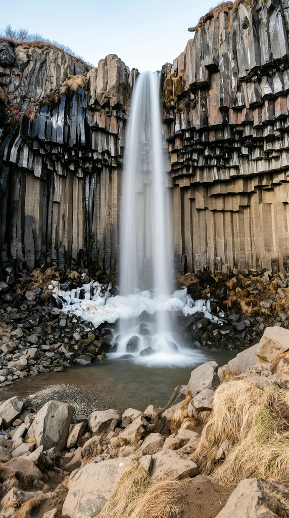 A silky waterfall cascades over a cliff of dark, hexagonal basalt columns into a rocky basin. The long-exposure water descends vertically, contrasting sharply with the rigid, geometric grey and brown stone pillars hanging overhead like giant organ pipes. Some columns are fractured, creating a stepped overhang. At the base, the water pools in a shallow basin surrounded by a jumble of jagged boulders. Patches of white ice and snow cling to the rocks near the impact zone, while tufts of dry, yellowish-brown grass dot the rugged foreground. The photograph uses a long exposure to blur the flowing water into an ethereal mist, emphasizing the sharp, harsh textures of the surrounding geological formations. Shot from a low angle, the composition highlights the imposing scale of the stone amphitheater under soft, diffused natural daylight.
