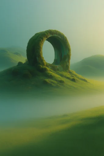 Ethereal Verdant Surrealism style reference image — scale contrast with tiny silhouettes