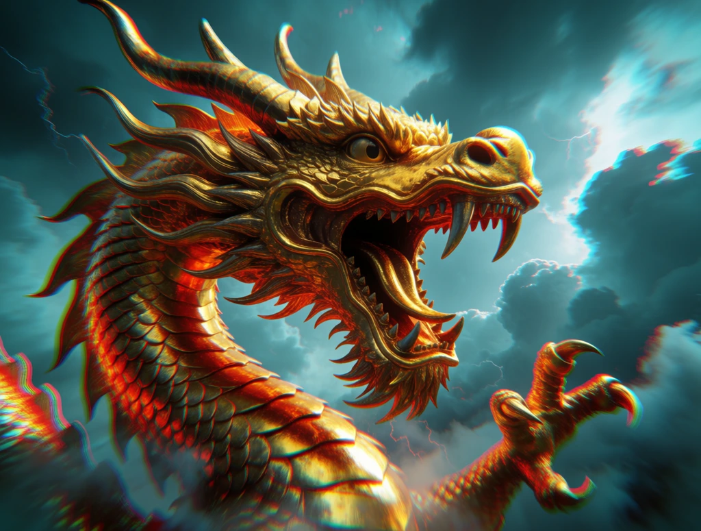A highly detailed golden dragon roars against a dramatic teal storm cloud sky. The creature possesses sweeping horns, large eyes, and a gaping jaw with sharp fangs. Intricate metallic scales transition from gold to fiery orange. A strong red and cyan chromatic aberration effect overlays the 3D digital render, producing a vibrant stereoscopic illusion. A single clawed forelimb grasps through the mist in this dynamic, low-angle composition.