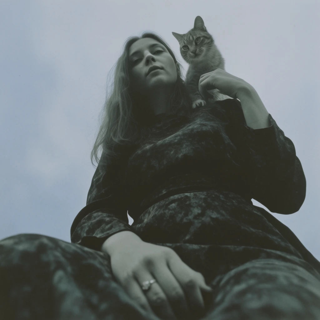 Shot from an extreme low-angle worm's-eye perspective looking sharply upward, a seated woman dominates the frame against a flat, overcast, desaturated backdrop. A cat perches on her left shoulder. The woman wears a dress rendered in deep, shadowy dark tones with a mottled, rich texture. One of her hands rests in her lap in the immediate foreground, displaying a ring on her finger, while her opposite hand is raised near the cat. The visual treatment applies a heavily desaturated, cool-toned color grading dominated by washed-out slate blues, muted ashen greens, and dense blacks. Soft, diffused ambient lighting creates low-contrast, flat illumination across the subjects. The image exhibits an editorial analog photography aesthetic featuring noticeable film grain, a matte finish, subtle wide-angle lens distortion emphasizing the towering perspective, and sharp focal clarity on the subjects.