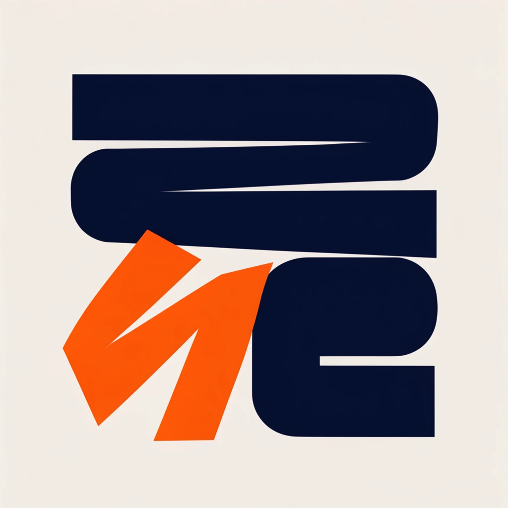 A minimalist graphic composition on a plain off-white background. Bold, flat abstract geometric shapes are centrally arranged, combining thick dark navy blue block-like forms with dynamic, angular bright orange strokes on the lower left, creating a modern, high-contrast, and clean aesthetic.
