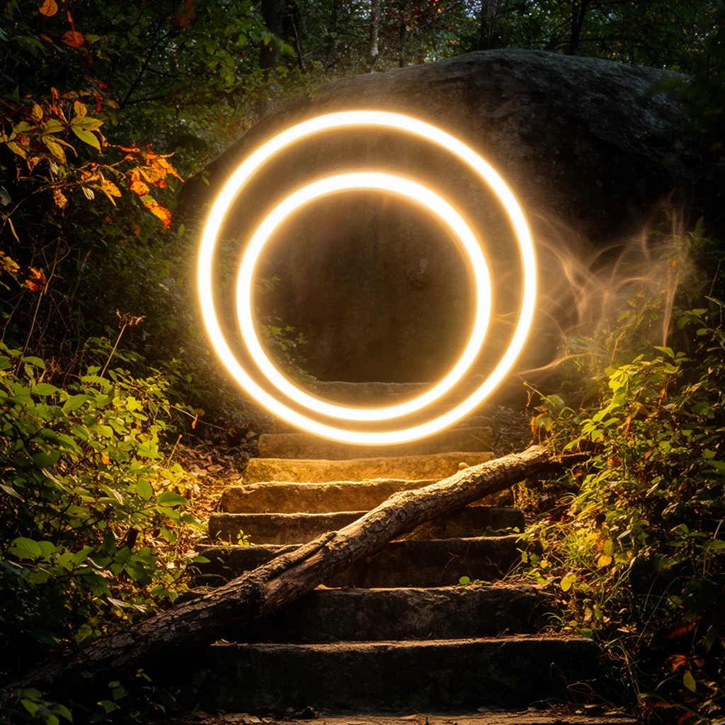 Two glowing, concentric rings of bright golden-white light hover above worn stone steps in a dimly lit, dense forest. Captured via long-exposure light painting, the brilliant circles cast a warm, radiant glow on the surrounding lush green and autumnal foliage. A textured, fallen tree branch rests diagonally across the rugged stairs leading up toward a dark, massive background boulder. Faint, ethereal wisps of light trail off to the right of the perfect geometric rings. The high-contrast composition juxtaposes stark, luminous geometry with the organic, shadowy environment of the woods.