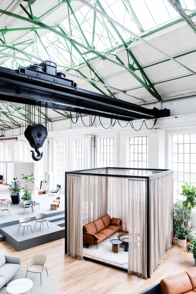 A bright industrial warehouse converted into a modern furniture showroom features high pitched ceilings with exposed green steel trusses and a massive black overhead bridge crane. Below the heavy machinery and skylights, a light hardwood floor hosts curated living spaces. A prominent black metal cube framed with sheer beige curtains encloses a warm brown leather sofa and round tables. A stepped grey platform displays sleek minimalist chairs. Tall multi-paned factory windows flood the airy space with high-key natural light. Photographed from an elevated wide-angle perspective, the composition contrasts raw industrial features like a suspended heavy-duty hook with soft contemporary decor and scattered potted plants.