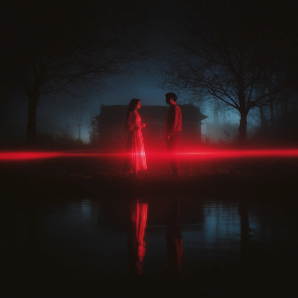 A calm body of water in the foreground reflects a woman standing in the center. She wears a long dress and faces a man standing to her right, both figures dramatically illuminated by an intense, glowing neon crimson light piercing through a pitch-black night environment. Behind them sits a heavily shadowed building obscured by thick, atmospheric midnight-blue mist. Bare trees flank the pair on both sides, their deep black silhouetted forms extending into the soft-focus, cyan-tinted background. A vibrant horizontal red anamorphic lens flare cuts directly across the dark frame, contrasting sharply with the surrounding murky, low-key shadows. The cinematic composition features high-contrast bloom on the localized red lighting, heavy analog film grain, deep black negative space, and a highly atmospheric, moody nocturnal aesthetic.
