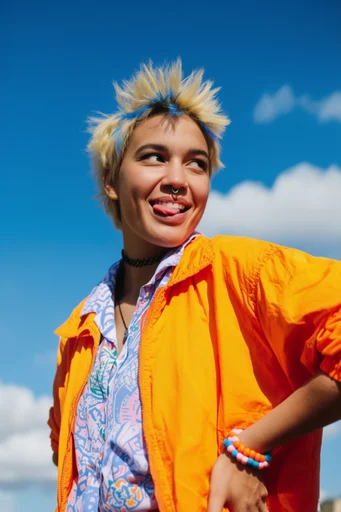 Dynamic Sunlit Streetwear style reference image — clear blue sky