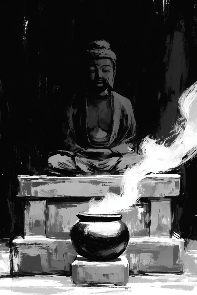 high contrast black and white digital painting, serene Buddha statue in deep shadow, stone altar, round pot emitting white smoke, rough brushstrokes