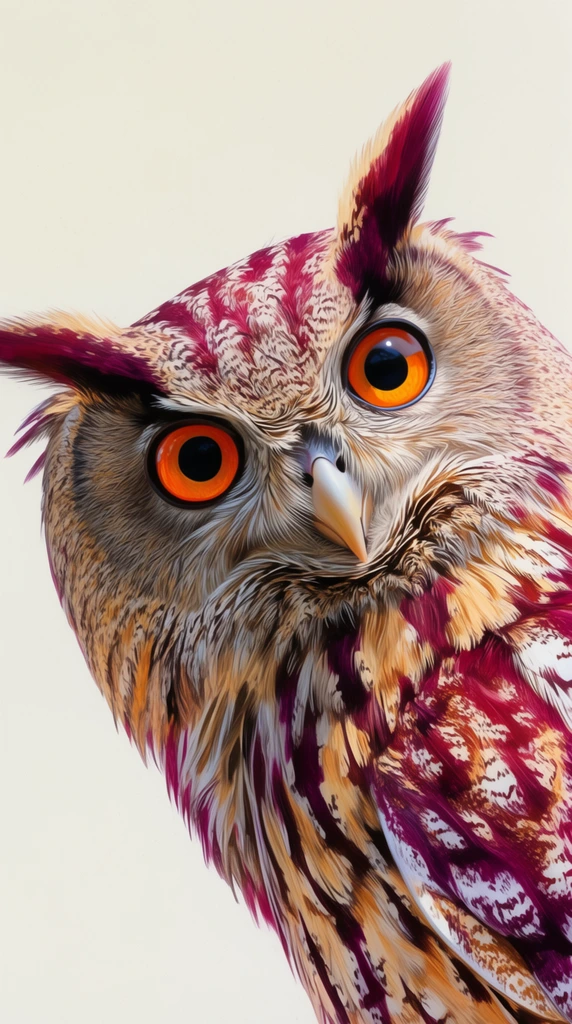 close up portrait of an owl with its head tilted sideways, striking bright orange eyes, small pale beak, highly detailed mottled plumage featuring tan white and reddish-purple hues, pointed ear tufts, plain off-white background, hyper-realistic illustration, vibrant colors, precise feather texture