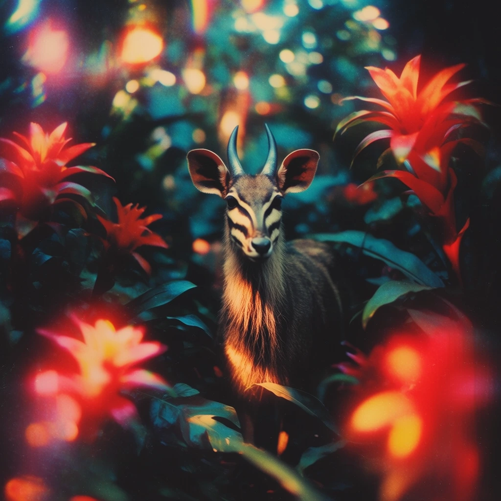 A single horned mammal with two large ears, facial stripes, and a mane of hair running down its chest stands centrally in sharp focus within a dense, moody jungle environment. The creature is closely surrounded by a dense foreground and background of multiple large tropical flowers and broad leaves, with prominent blossoms located in the corners of the frame. The image is captured with a vintage film photography aesthetic, characterized by an extremely shallow depth of field and intense, cross-processed color grading. Deep, crushed cyan and teal tones dominate the shadowy foliage, contrasting dramatically with vibrant, glowing red, orange, and warm yellow highlights. The prominent blossoms in the extreme foreground corners are heavily out of focus, transformed into massive, luminous red and orange bokeh shapes that create a soft, ethereal light-leak effect framing the central subject. The background elements dissolve into a smooth, dark blur punctuated by bright, scattered circular bokeh spots and glowing light bleeds. Pronounced film grain, soft edge vignetting, and striking chromatic aberration enhance the dreamy, atmospheric, lomography-style rendering, with a localized pool of warm, artificial light illuminating the mammal's striped face and textured chest mane against the dark, saturated vegetation.
