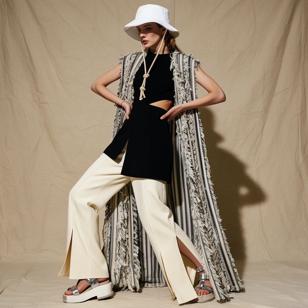 A fashion model strikes an angular pose in a heavily textured layered outfit against a wrinkled beige canvas backdrop. She wears a white bucket hat with a rope lanyard, an asymmetrical black top with a waist cutout, and cream wide-leg trousers with slit hems. A floor-length duster vest featuring vertical stripes and dense frayed fringe drapes over her shoulders. She stands with hands on hips and one leg forward in chunky silver-strapped platform sandals. Hard directional studio lighting casts sharp shadows, highlighting the stark tailoring and raw textile contrast in this editorial portrait.