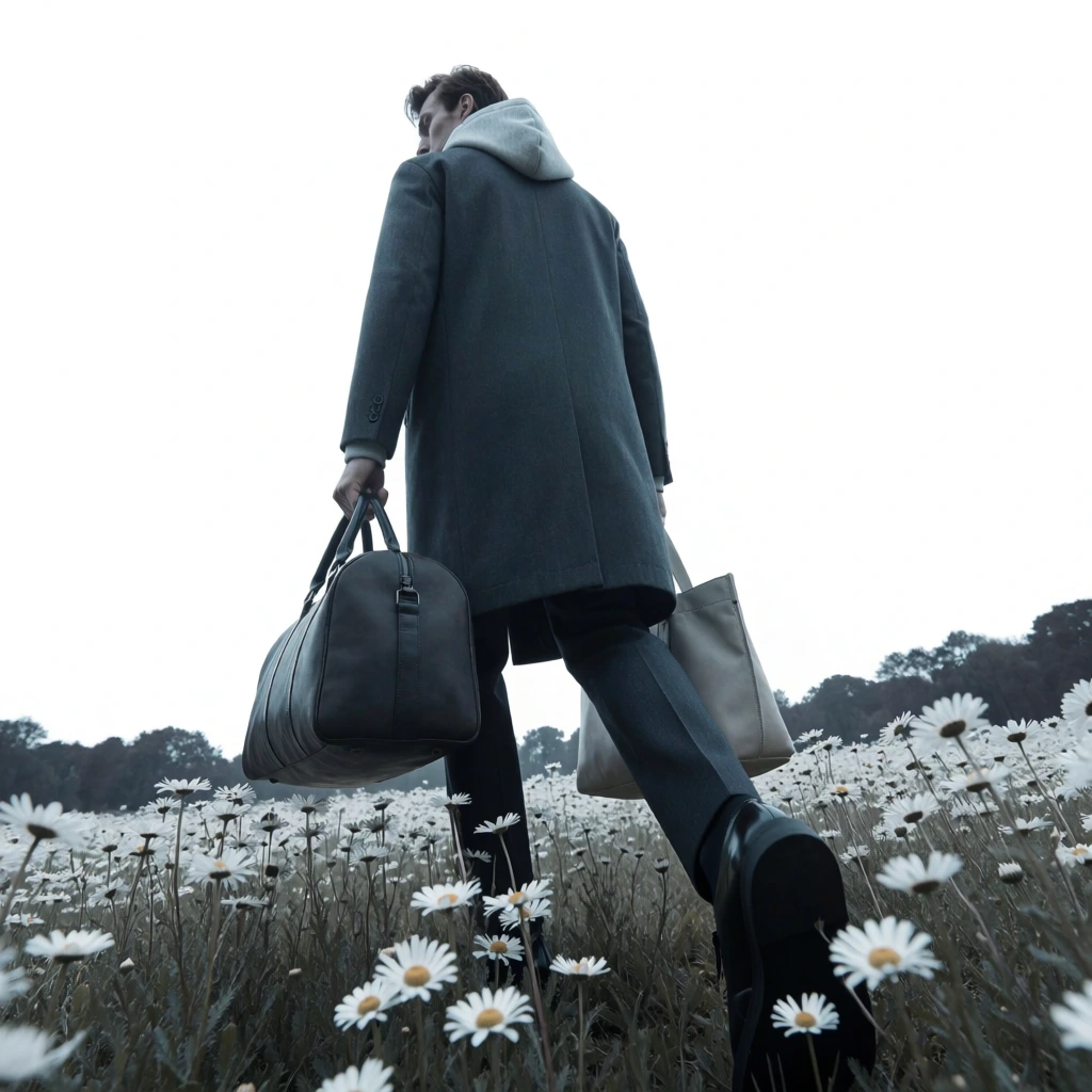 extreme low angle worm's-eye perspective, a man walking away through a field of flowers, carrying two bags, distant trees against a blown-out high-key white sky, desaturated cool-toned color palette with muted greys and blues, high contrast, wide-angle lens distortion for dynamic vertical composition, avant-garde fashion editorial aesthetic, sharp focus on textures, minimalist and clean framing, surrealist atmosphere, sophisticated cinematic lighting.