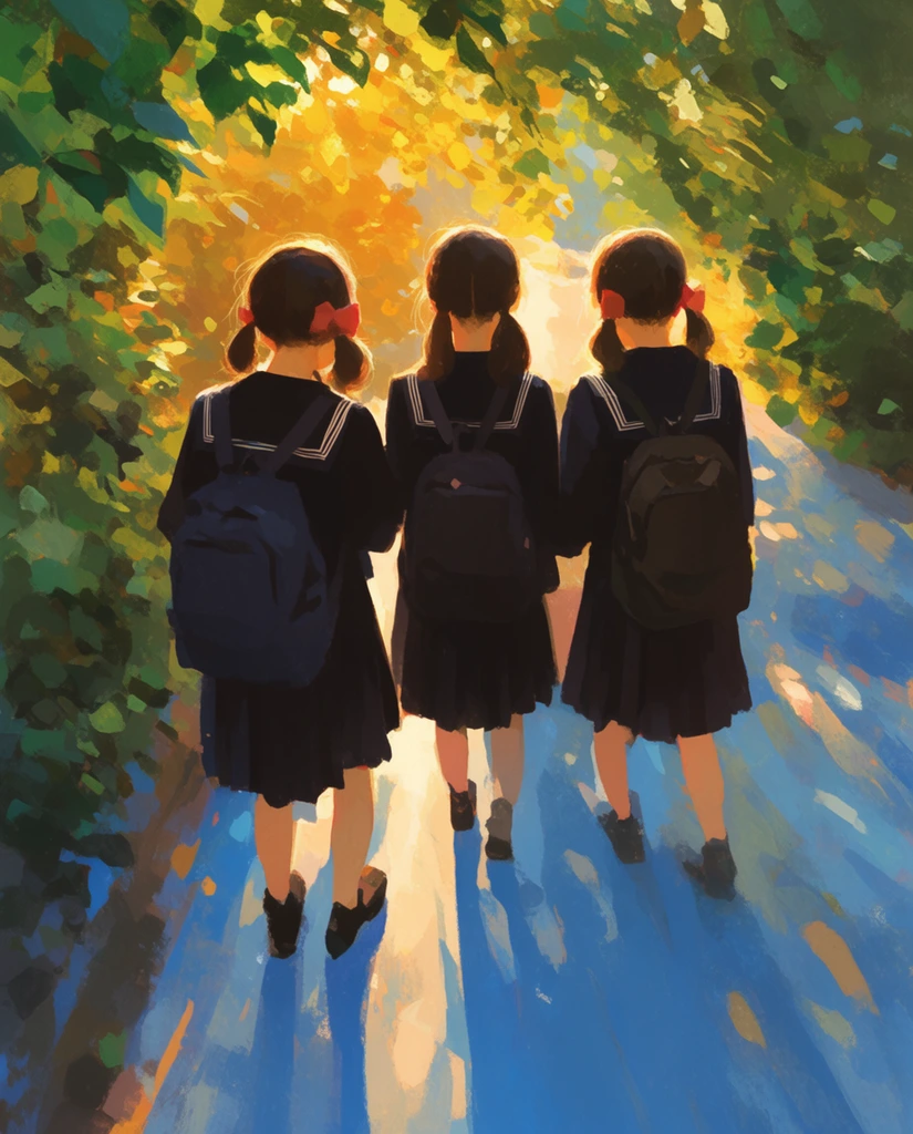 Three girls viewed from behind, wearing dark sailor uniforms and backpacks, walking beneath green and golden foliage, warm sunlight filtering through leaves, dappled light and long shadows on a blue path, impressionistic digital painting, visible brushstrokes, luminous backlighting, high angle