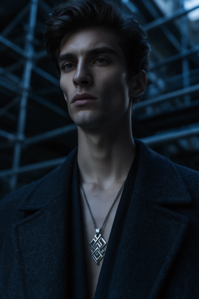 cinematic close-up portrait of a slender man with sharp features and thick dark hair, intense off-camera gaze, wearing a charcoal wool overcoat and a silver geometric amulet, low camera angle, cool blue directional lighting, shallow depth of field, blurred dark industrial metal scaffolding in the background, moody atmosphere, highly detailed photography